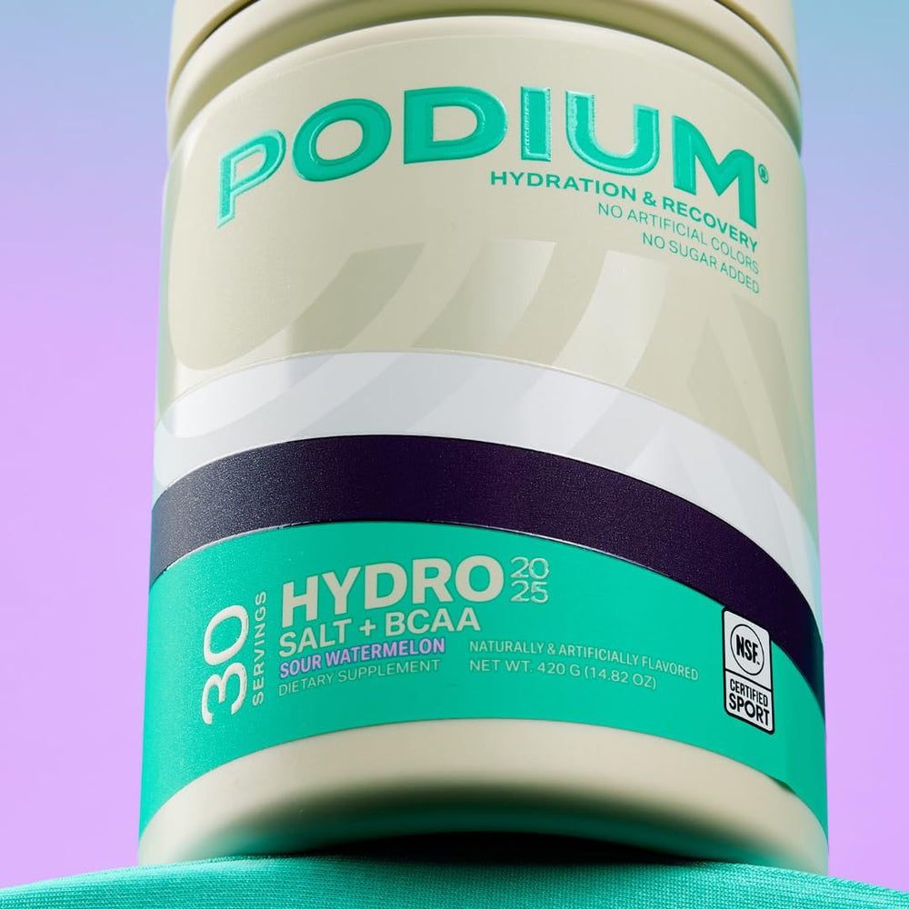 Podium Hydro Salt Sour Watermelon container highlights 30 servings and NSF certification.