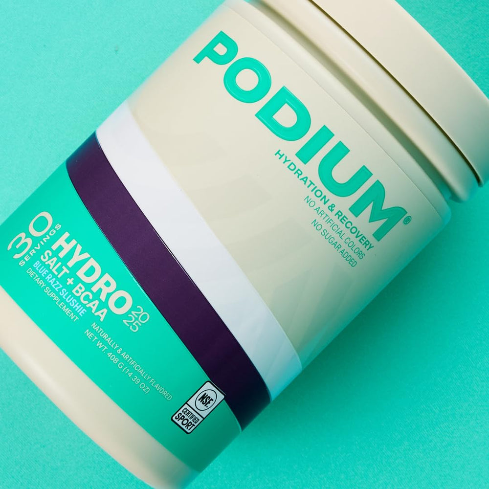 Blue Raz Slushie glass with Podium Hydro Salt, a tasty recovery option.