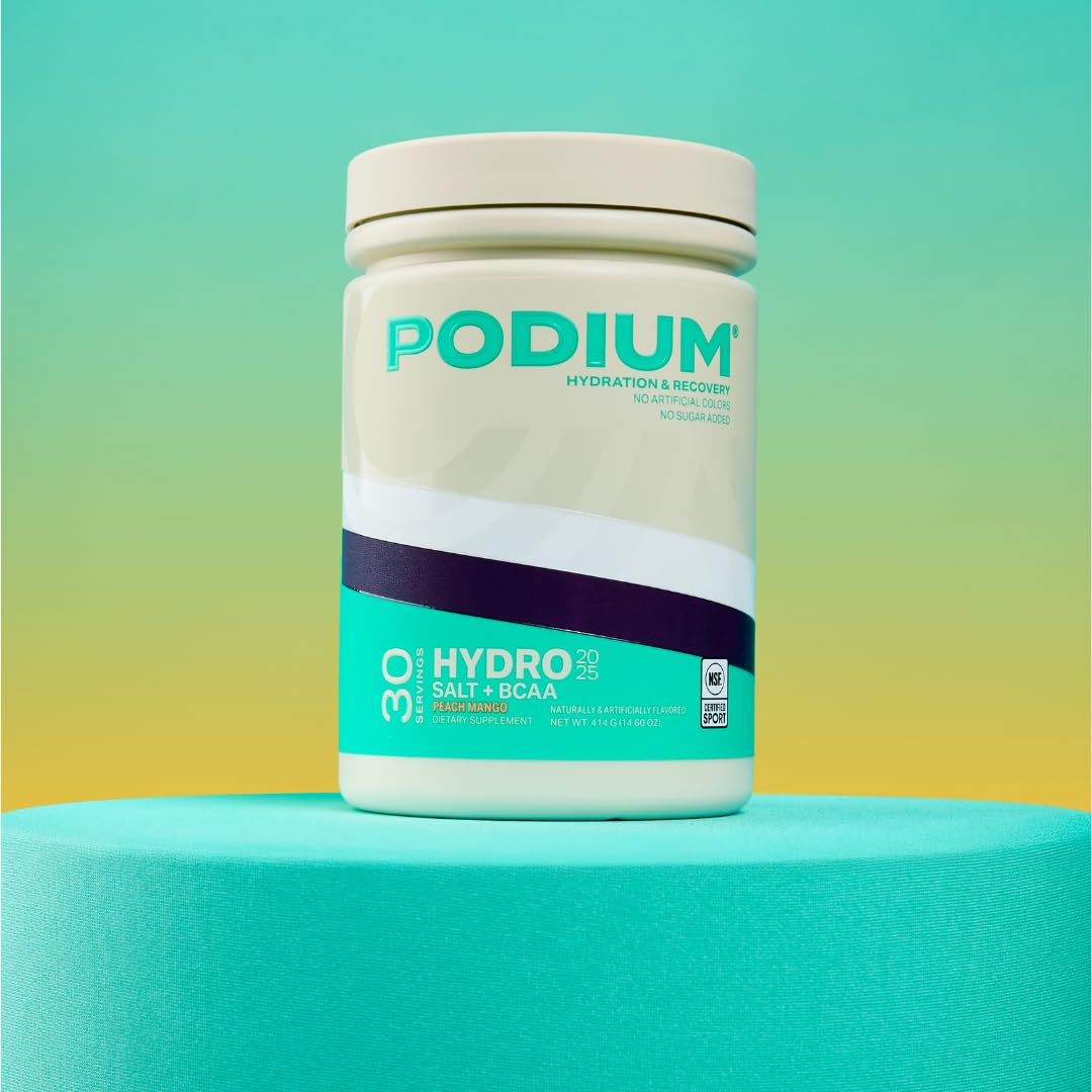 Podium Nutrition Hydro Salt peach mango endcap highlighting updated formula.