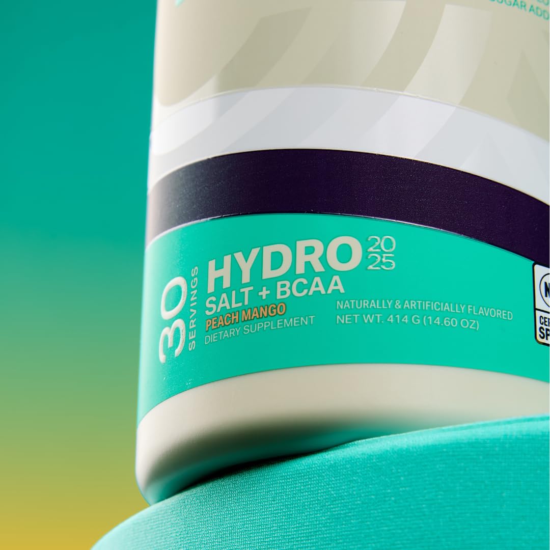 Podium Nutrition Hydro Salt peach mango label close-up with electrolyte benefits.