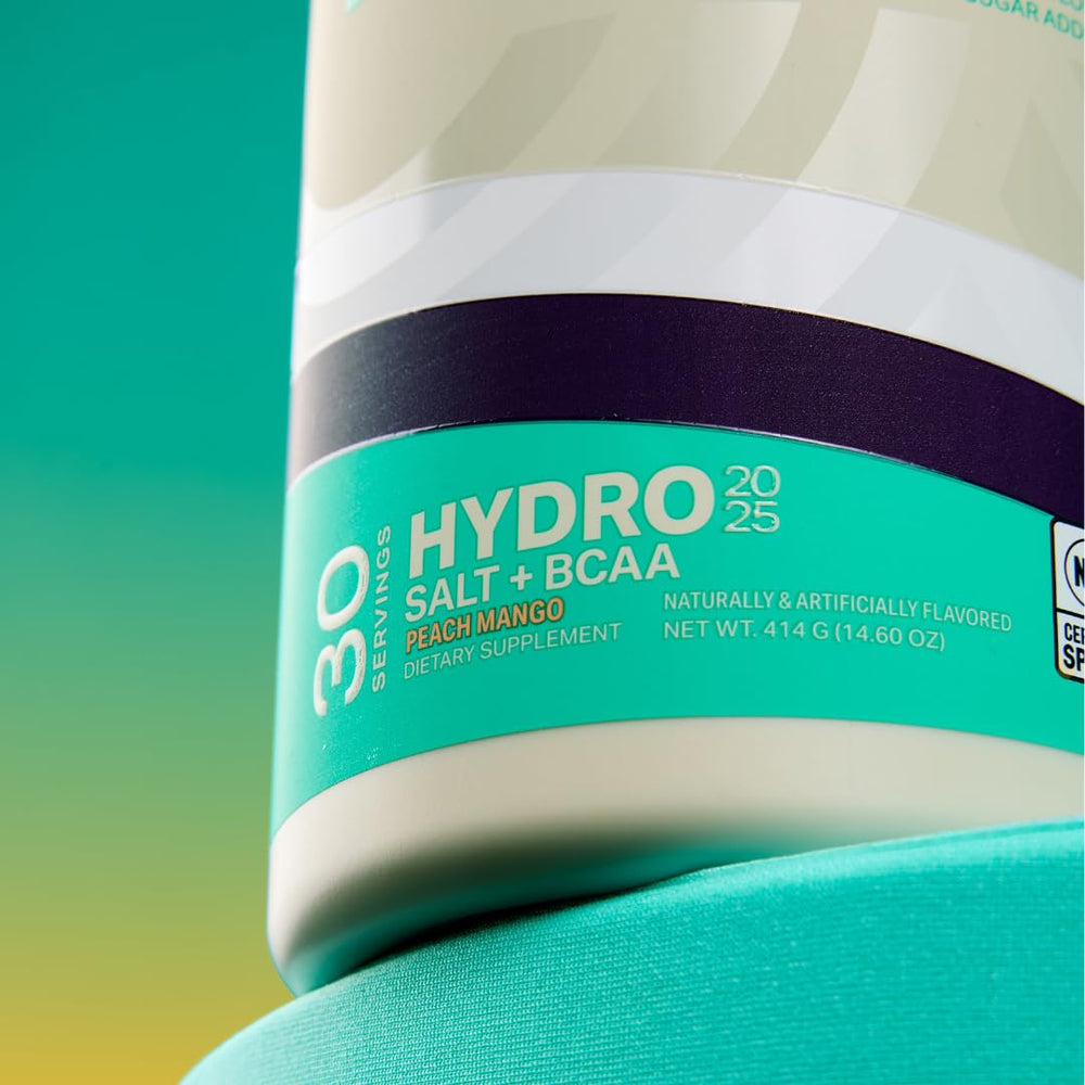 Podium Nutrition Hydro Salt peach mango label close-up with electrolyte benefits.