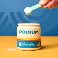 Podium Nutrition Salt+Electrolytes label highlights minerals for balanced hydration during activity.