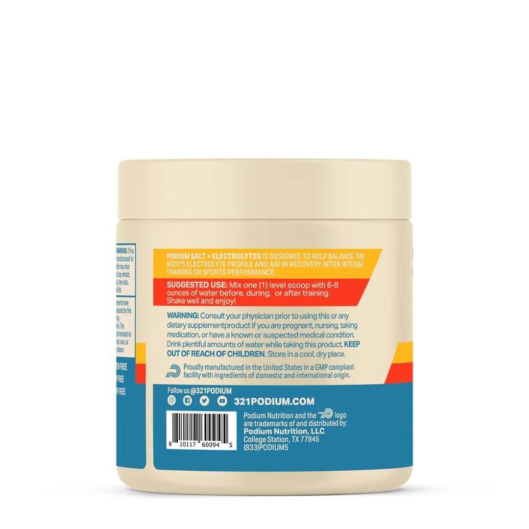 Podium Nutrition Salt+Electrolytes blue raspberry powder dissolves in water for workouts.