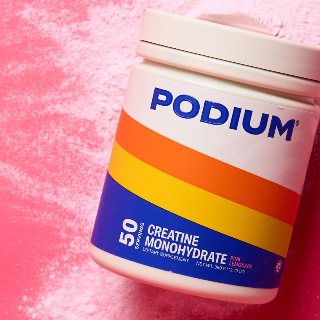 Podium Nutrition Solos creatine powder in bottle demonstrates convenient personal supply for training.