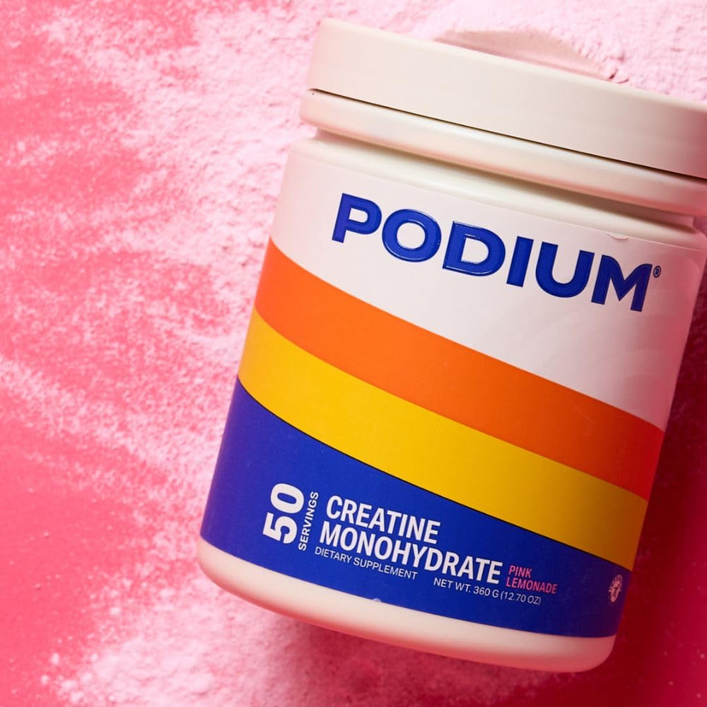 Podium Nutrition Solos creatine powder in bottle demonstrates convenient personal supply for training.