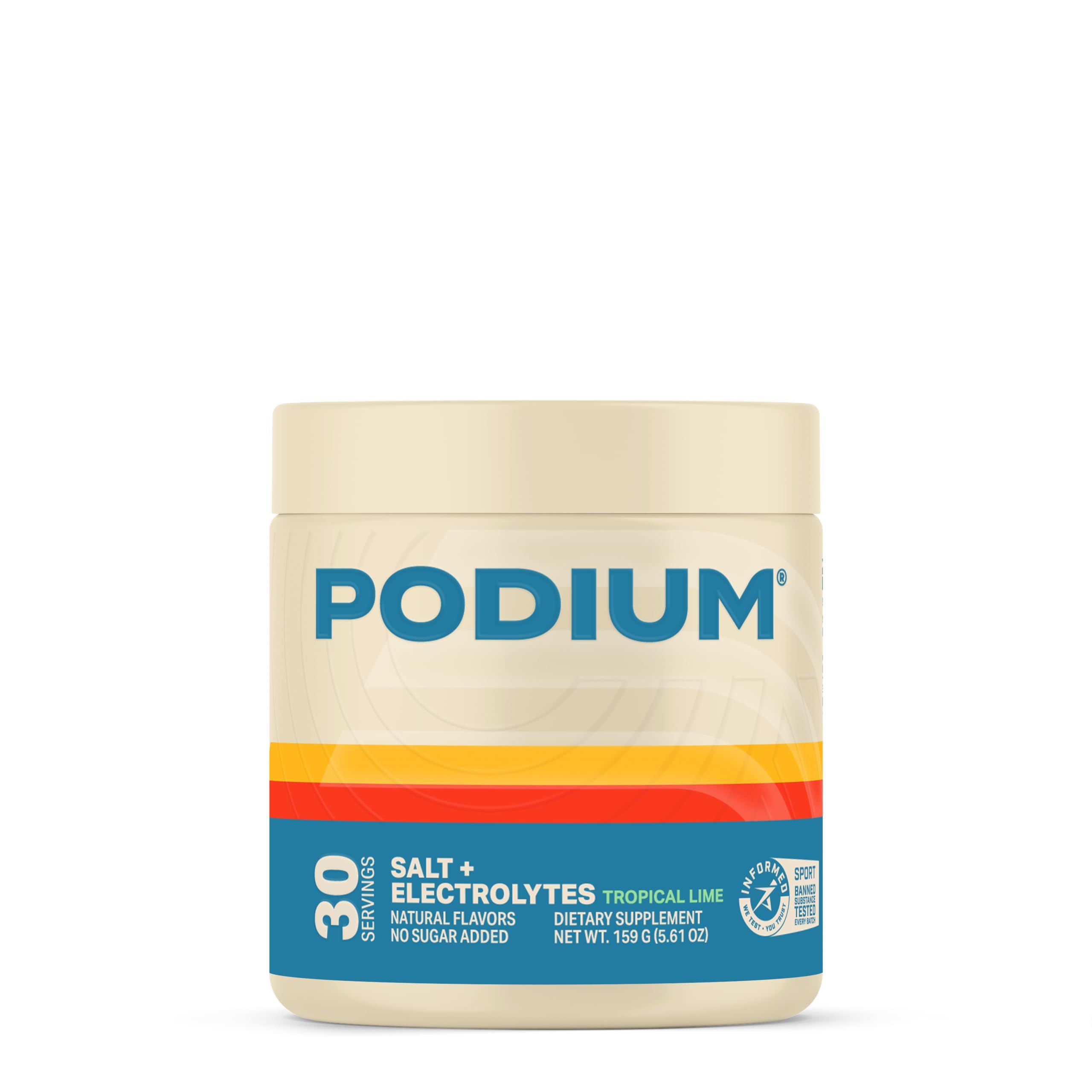 Podium Training Salt+Electrolytes tropical lime bottle for quick hydration during workouts.
