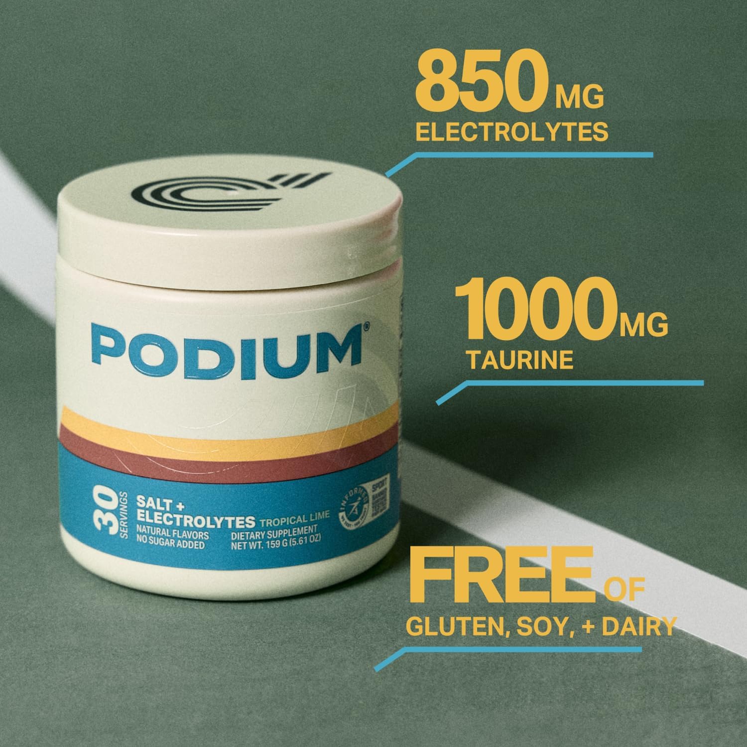 Scoop of Podium Salt+Electrolytes tropical lime ready to mix with water.