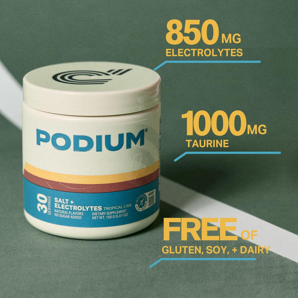 Scoop of Podium Salt+Electrolytes tropical lime ready to mix with water.