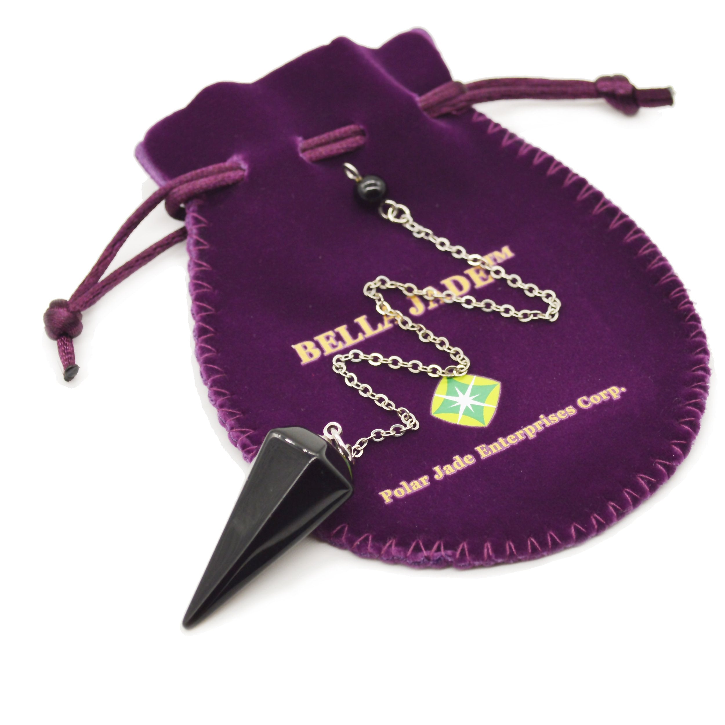 Polar Jade black agate pendulum in use for chakra and energy work.