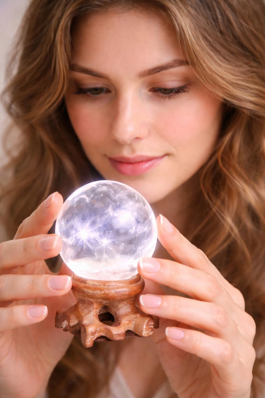 Polar Jade wooden stand displaying the crystal ball securely.