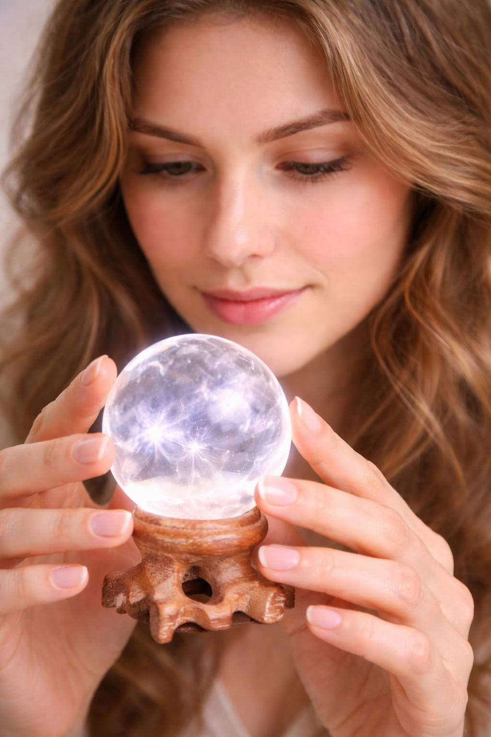 Polar Jade wooden stand displaying the crystal ball securely.