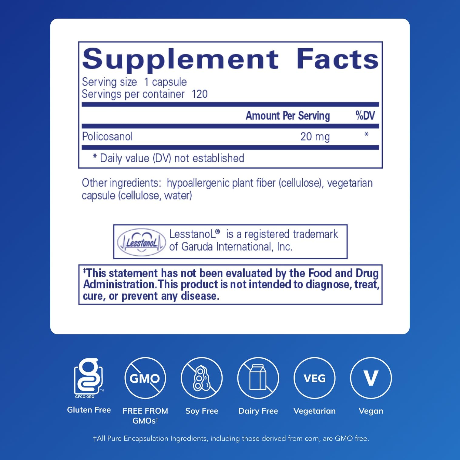 Pure Encapsulations Policosanol 20 mg capsules close-up showing purity and quality