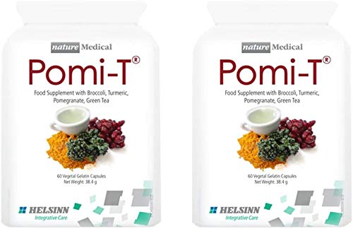 Pomi-T 60 capsules bottle front with broccoli-turmeric-pomegranate-green-tea blend for daily vitality.