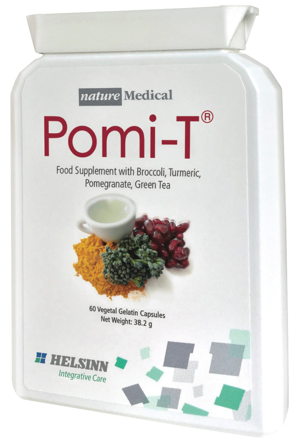 Pomi-T bottle with capsules for convenient daily wellness support.