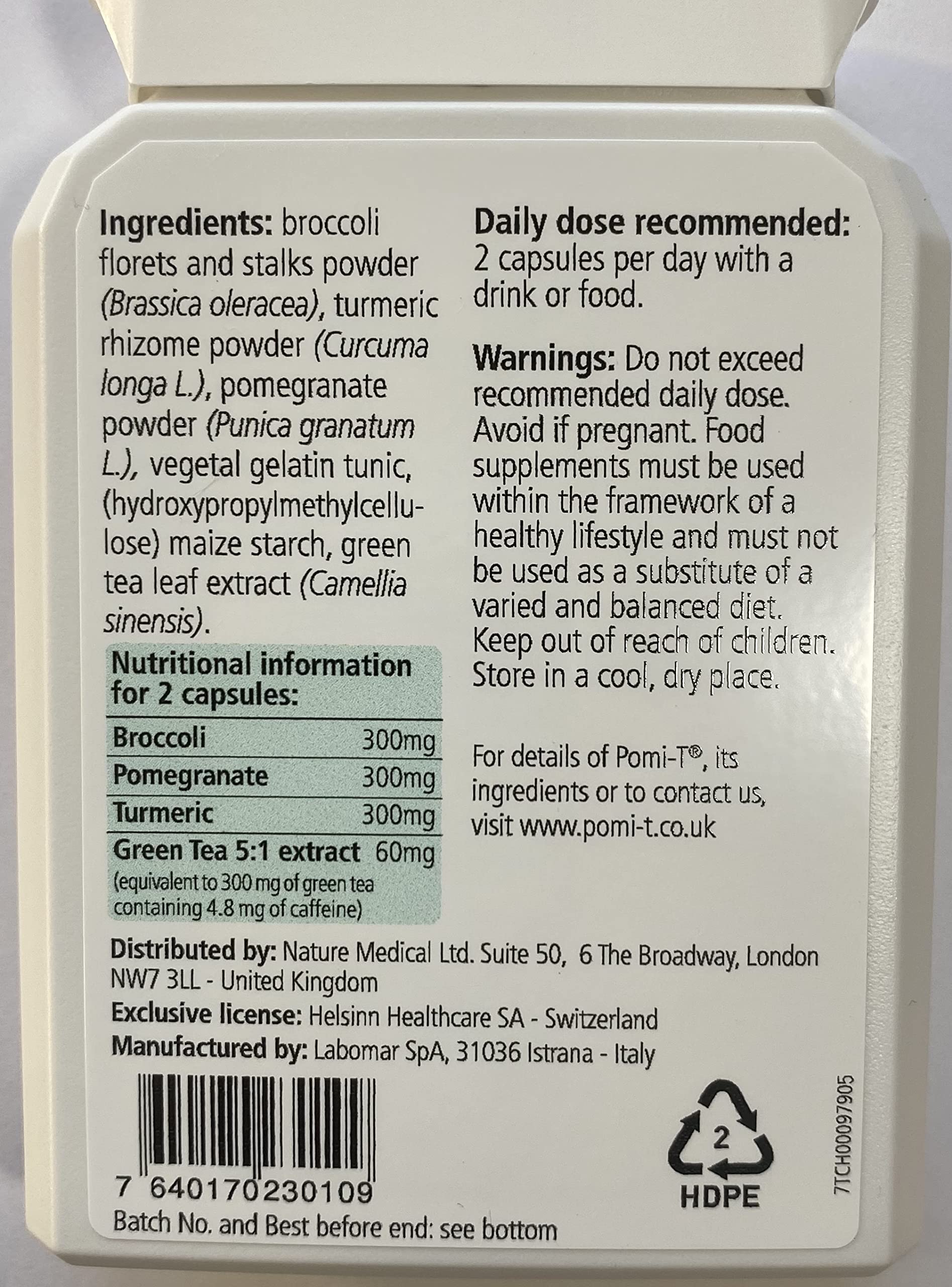 Close-up of Pomi-T capsules highlighting natural ingredients and easy use.
