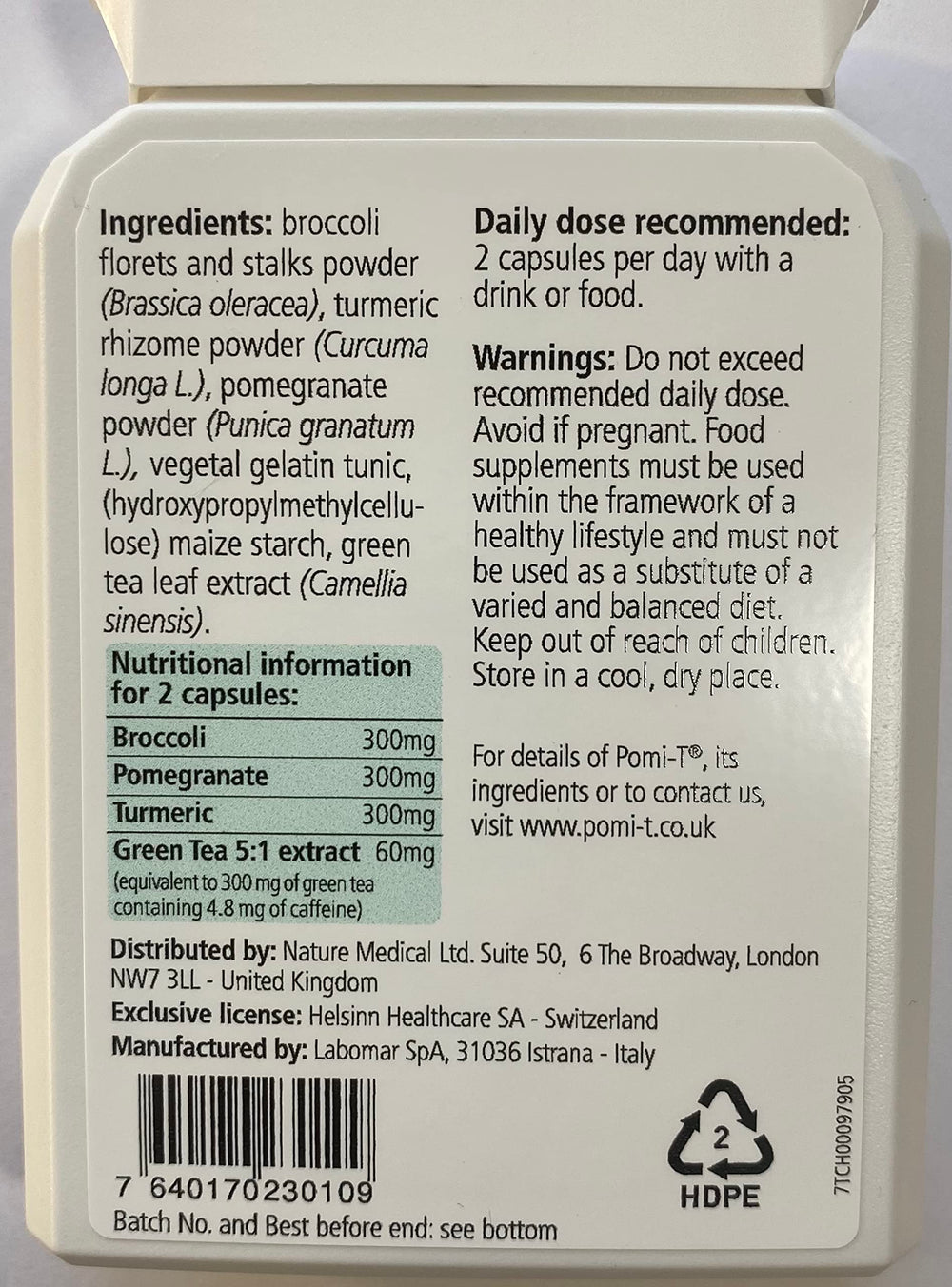 Close-up of Pomi-T capsules highlighting natural ingredients and easy use.
