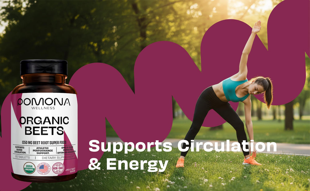 Pomona Wellness Beetroot Powder ingredients panel highlights naturally occurring nitrates.