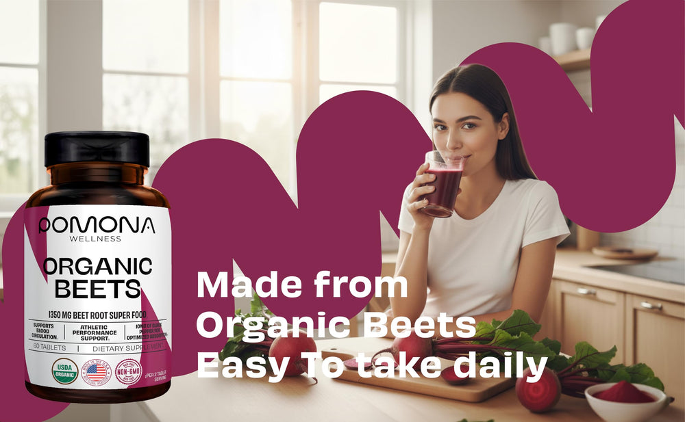 Pomona Wellness Beetroot Powder packaging emphasizes sustainability and easy storage.