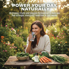 Pomona Wellness Super Greens ingredients panel with organic greens for immune-supporting nutrition.
