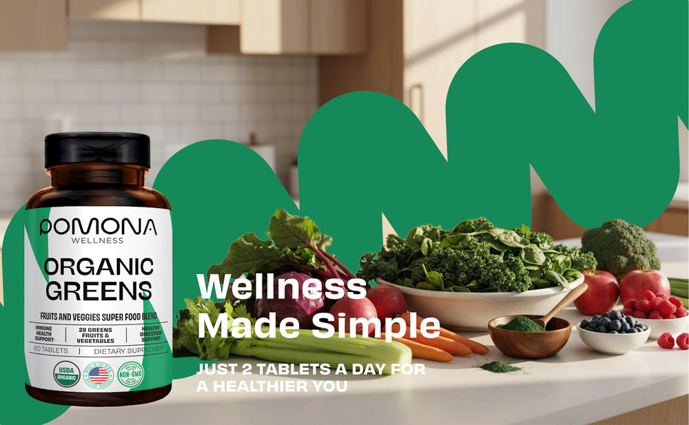 Pomona Wellness Super Greens bottle open, capturing easy-take tablets for on the go vitality.
