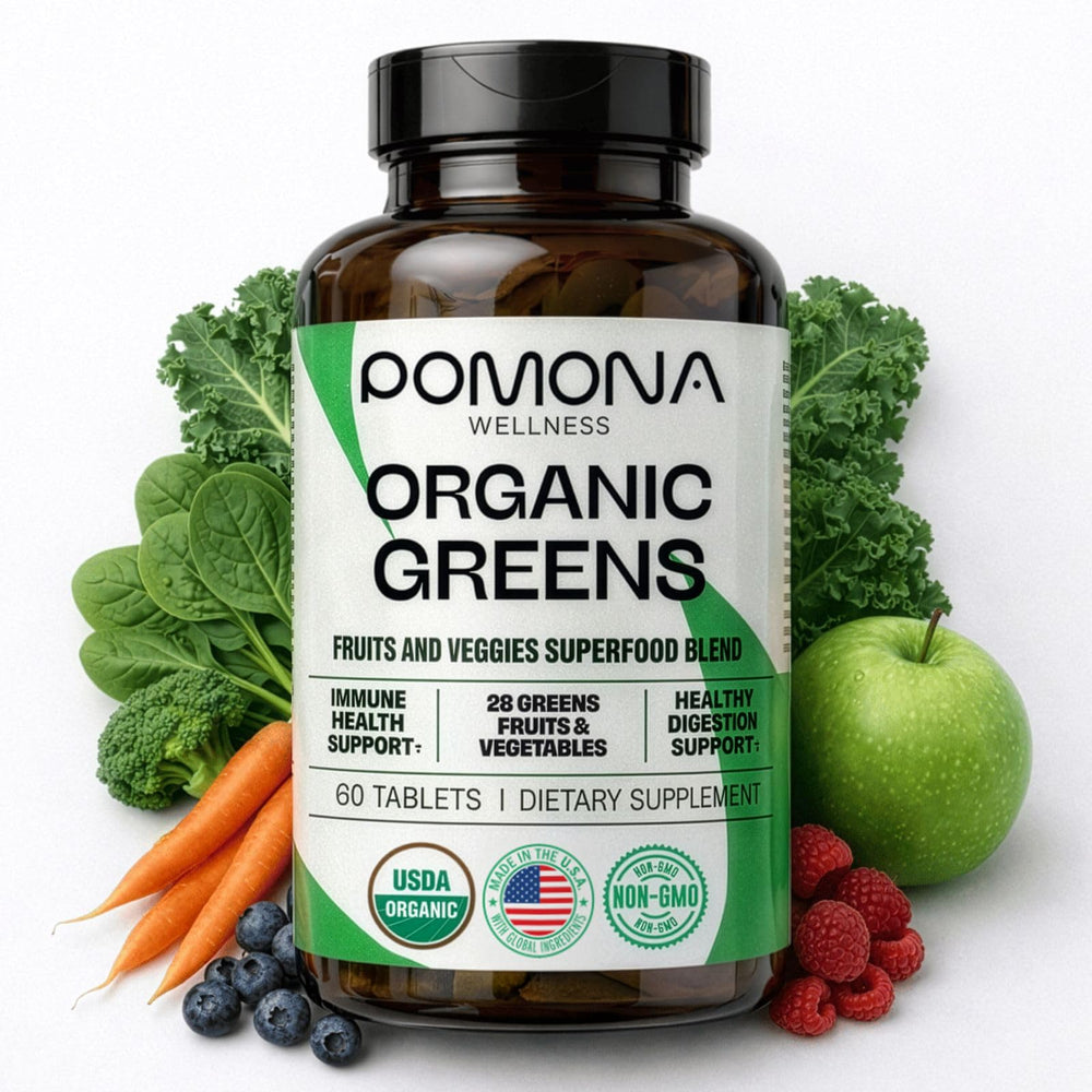 Pomona Wellness Super Greens tablets in bottle front, supporting daily digestion.
