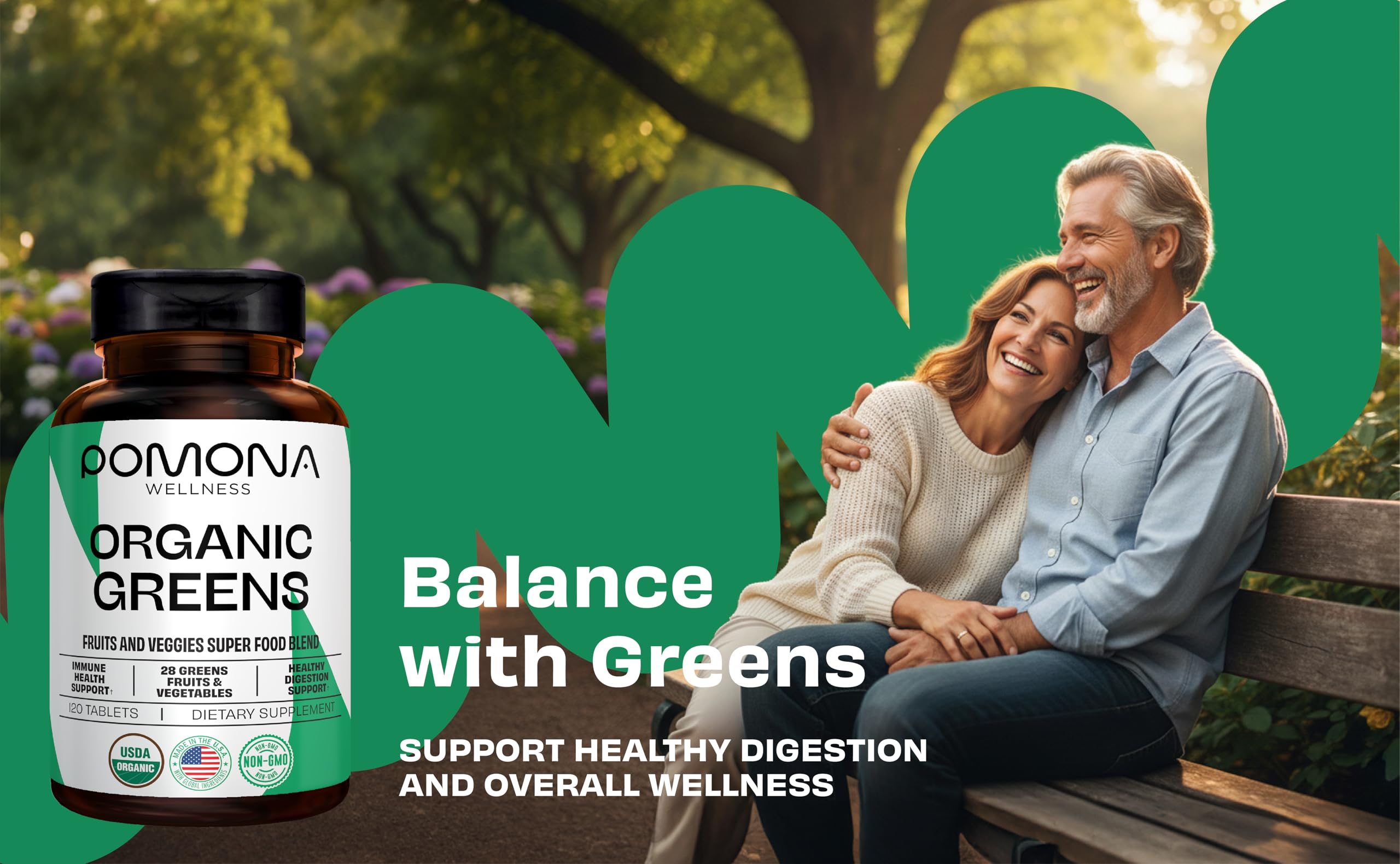 Pomona Wellness Super Greens tablets beside breakfast, convenient daily routine for gut health.