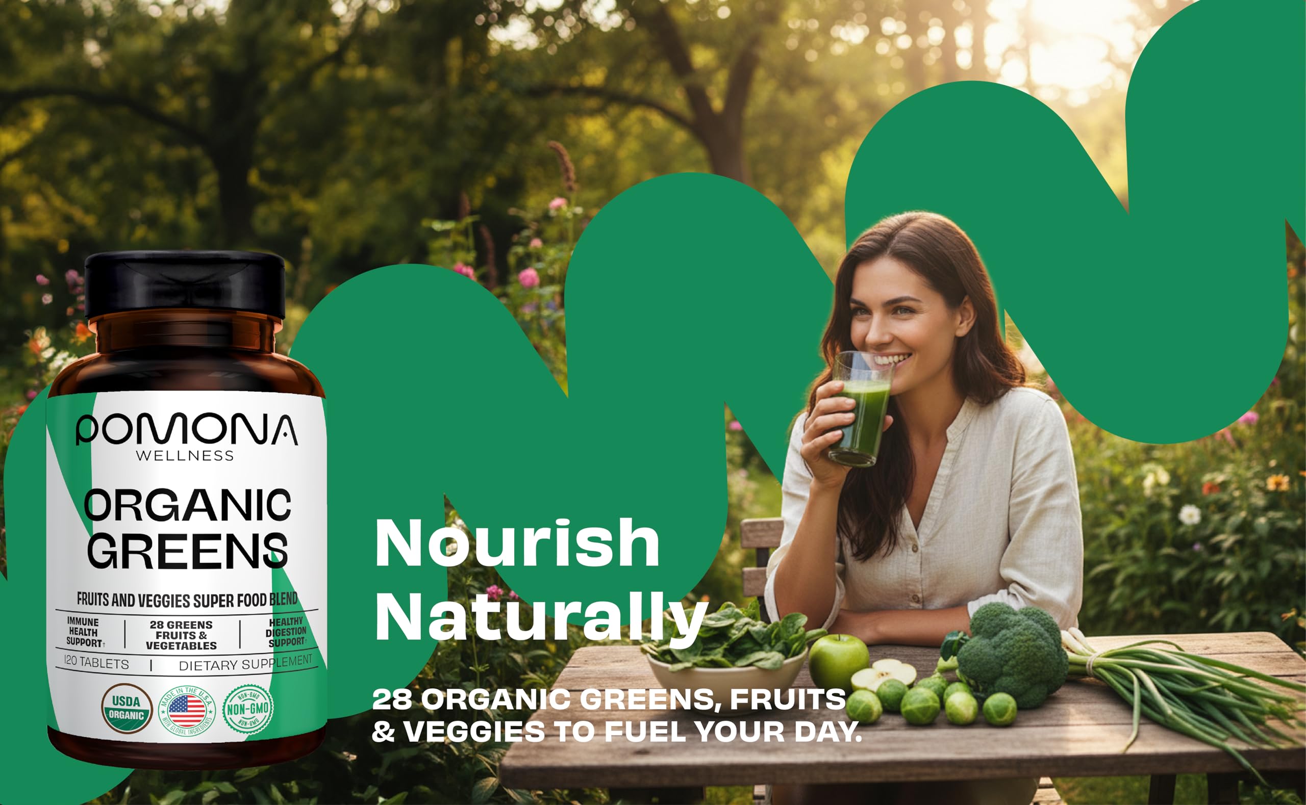 Pomona Wellness Super Greens tablets stack, compact for travel and daily digestion support.