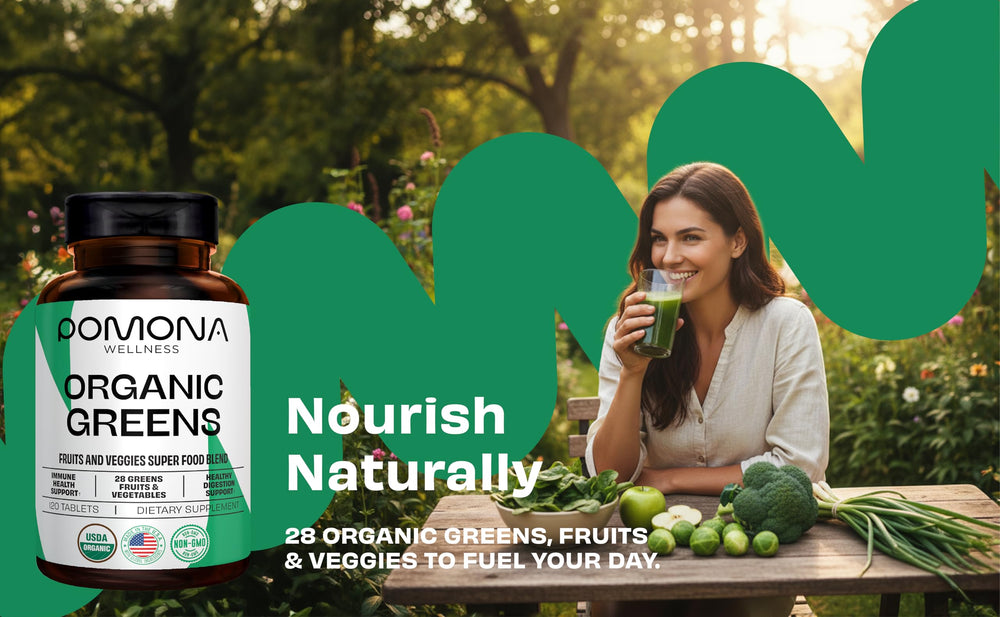 Pomona Wellness Super Greens tablets stack, compact for travel and daily digestion support.