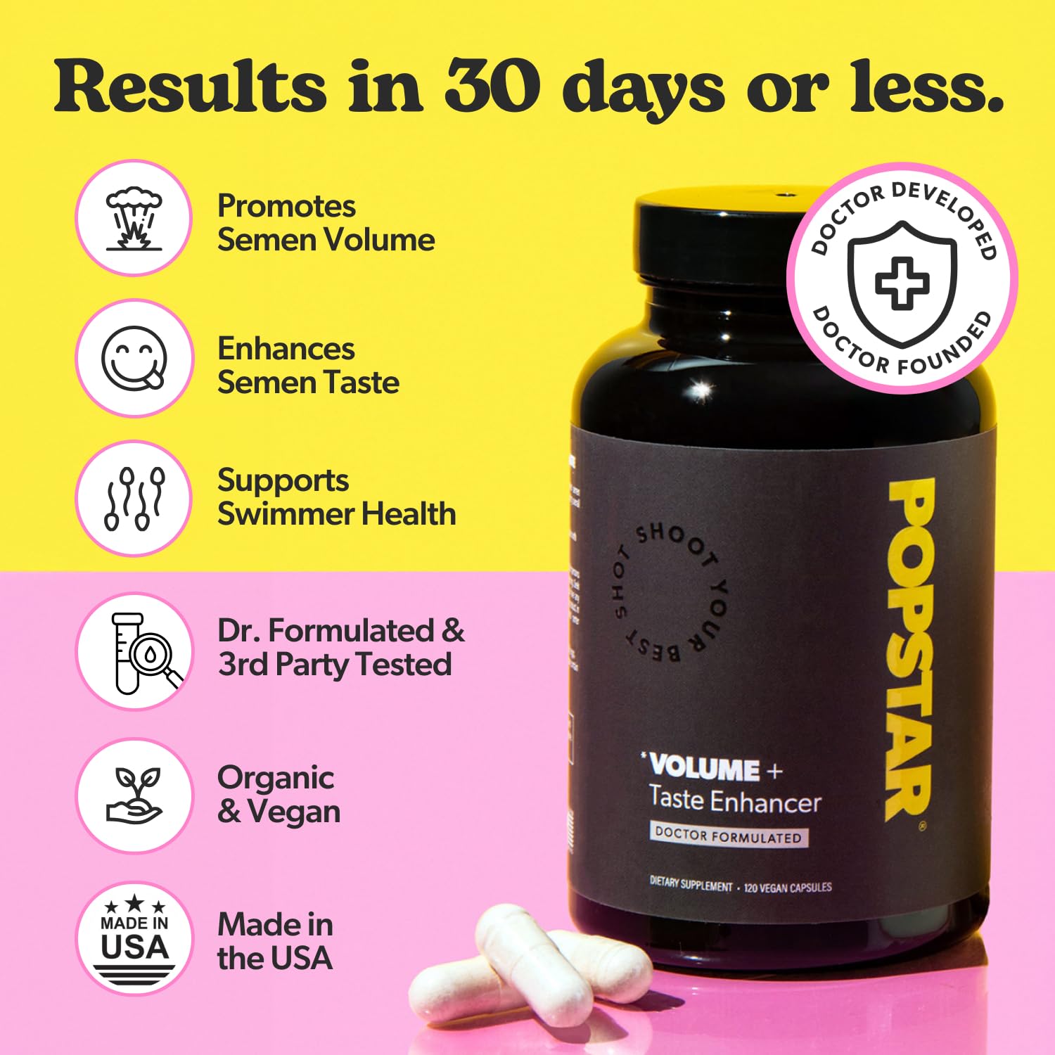 POPSTAR Labs Semen Volume Booster bottle label close-up highlights ingredients