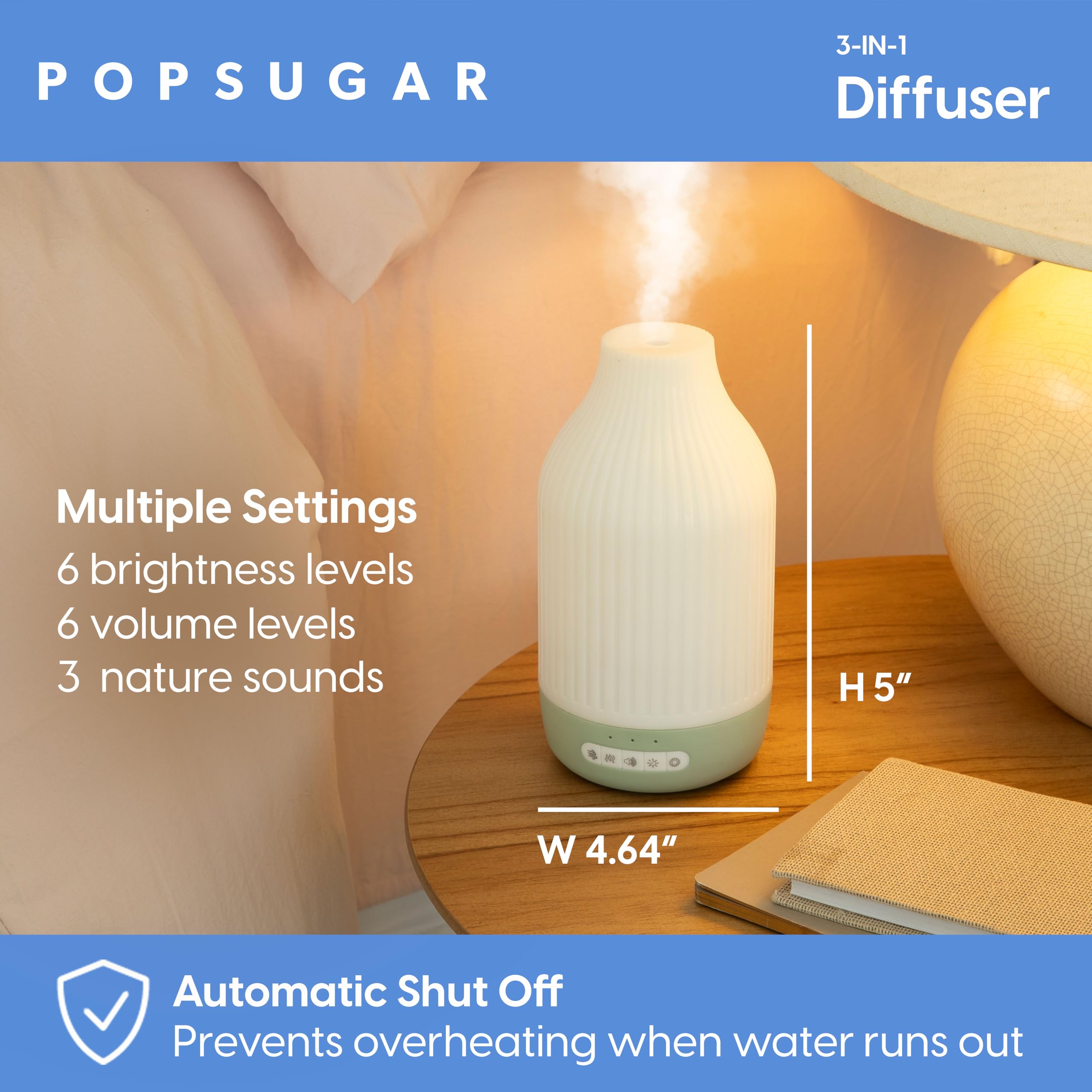 POPSUGAR 3-in-1 diffuser shows diffuser-only mode for sleep-friendly nights.