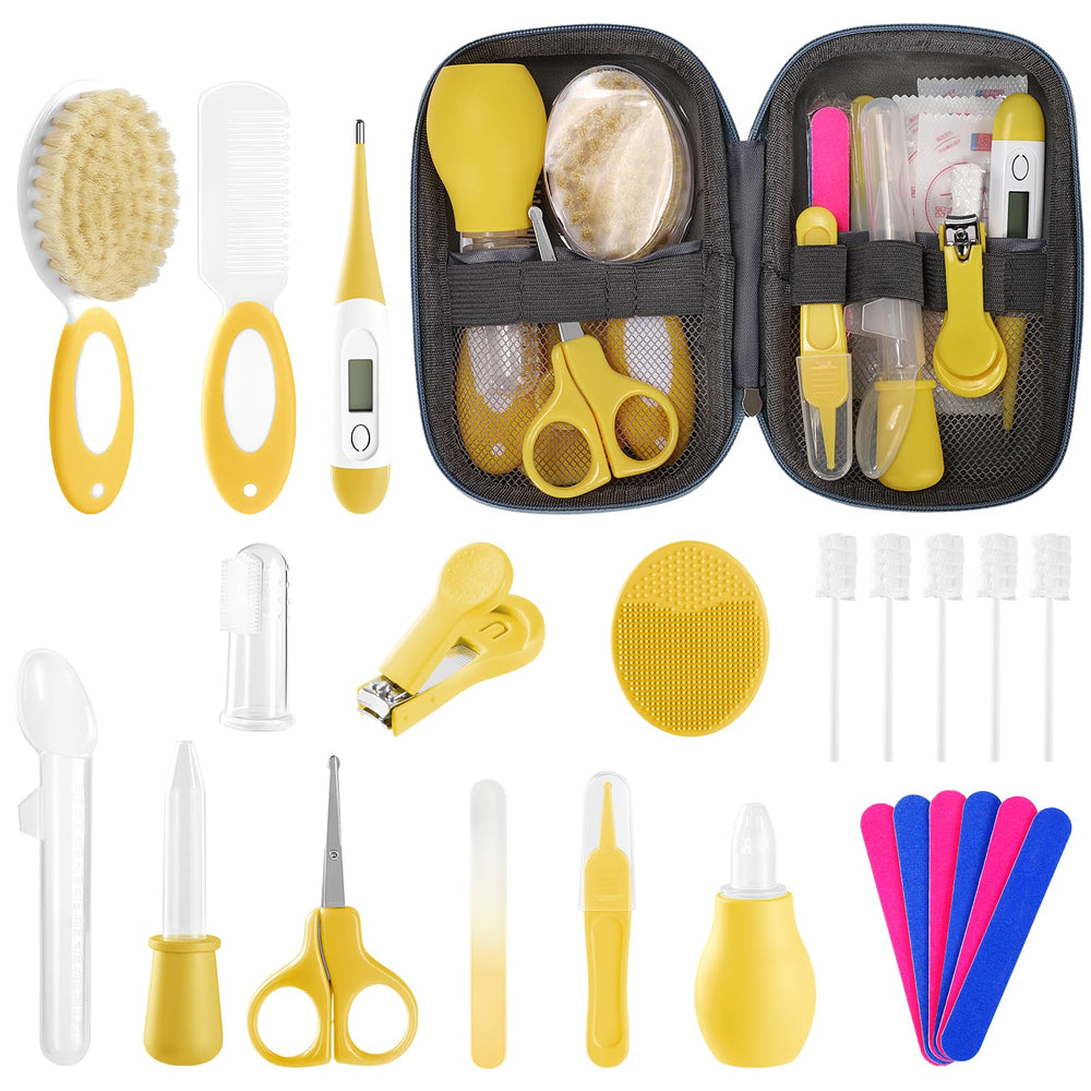POPYJAN baby grooming kit contents neatly arranged for easy newborn care at home.