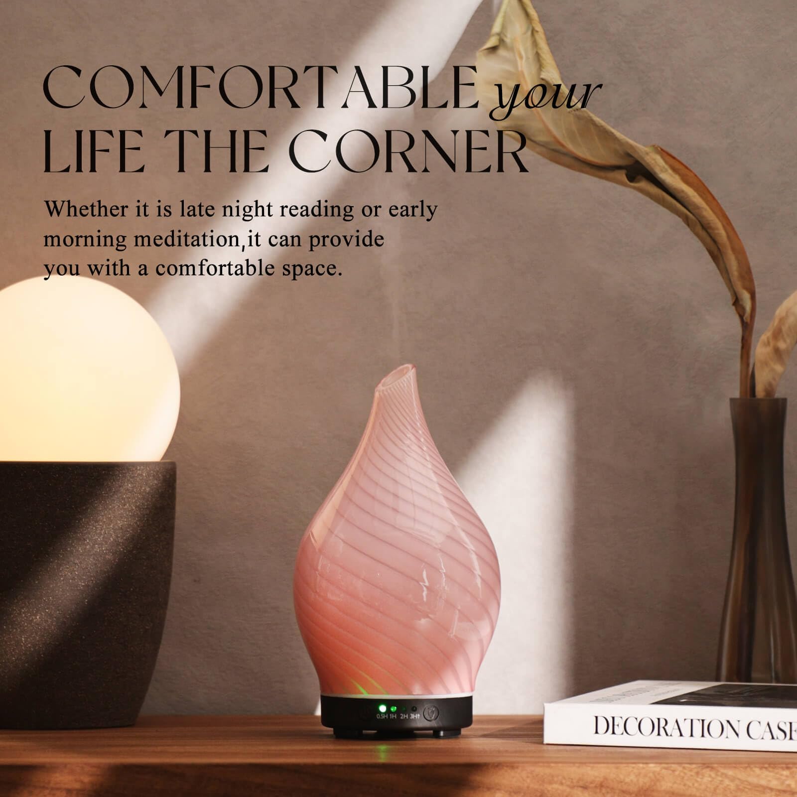 Porseme diffuser in a bedroom setup for sleep and yoga ambiance.