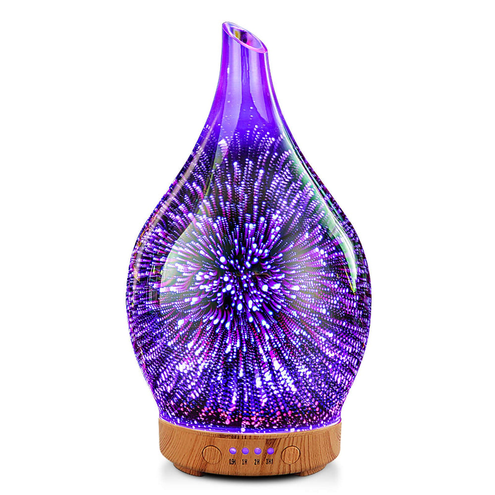 Porseme 3D firework diffuser glows softly on a nightstand, creating a calm, inviting bedroom atmosphere.