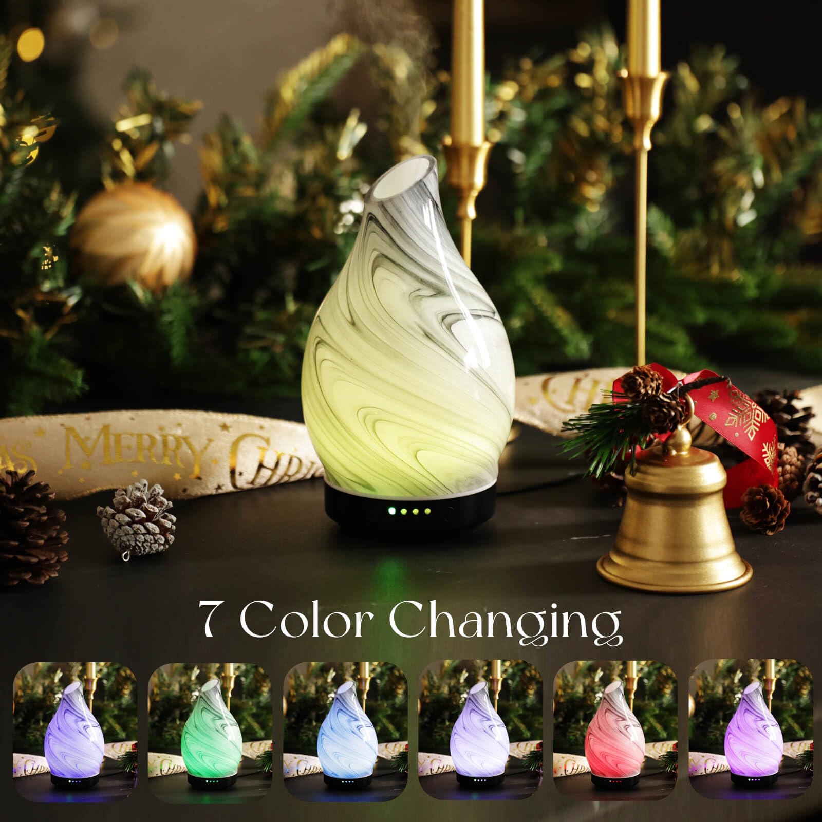 Porseme diffuser features wood grain base and decorative lighting for mood setting.