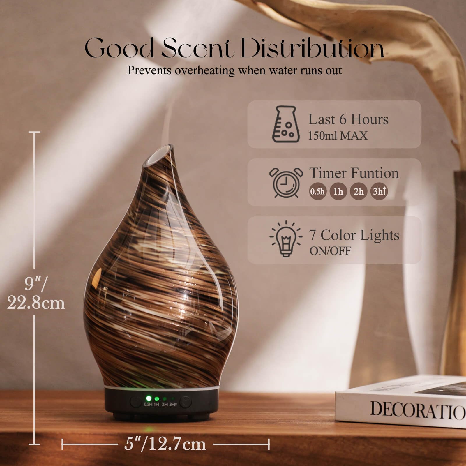 Porseme diffuser with wood grain base pairs with home decor and creates calm spaces.