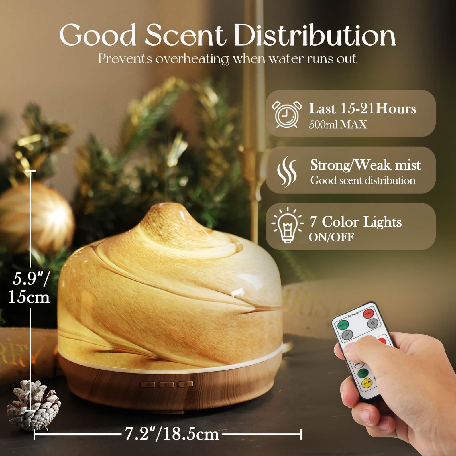 Porseme difusor con iluminación de 7 colores para crear ambientes relajantes.