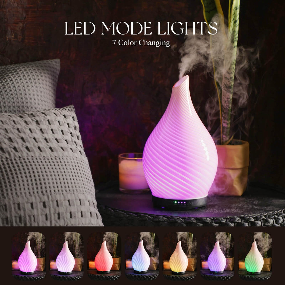 Porseme diffuser with wood-grain base adds natural decor while emitting calming mist.