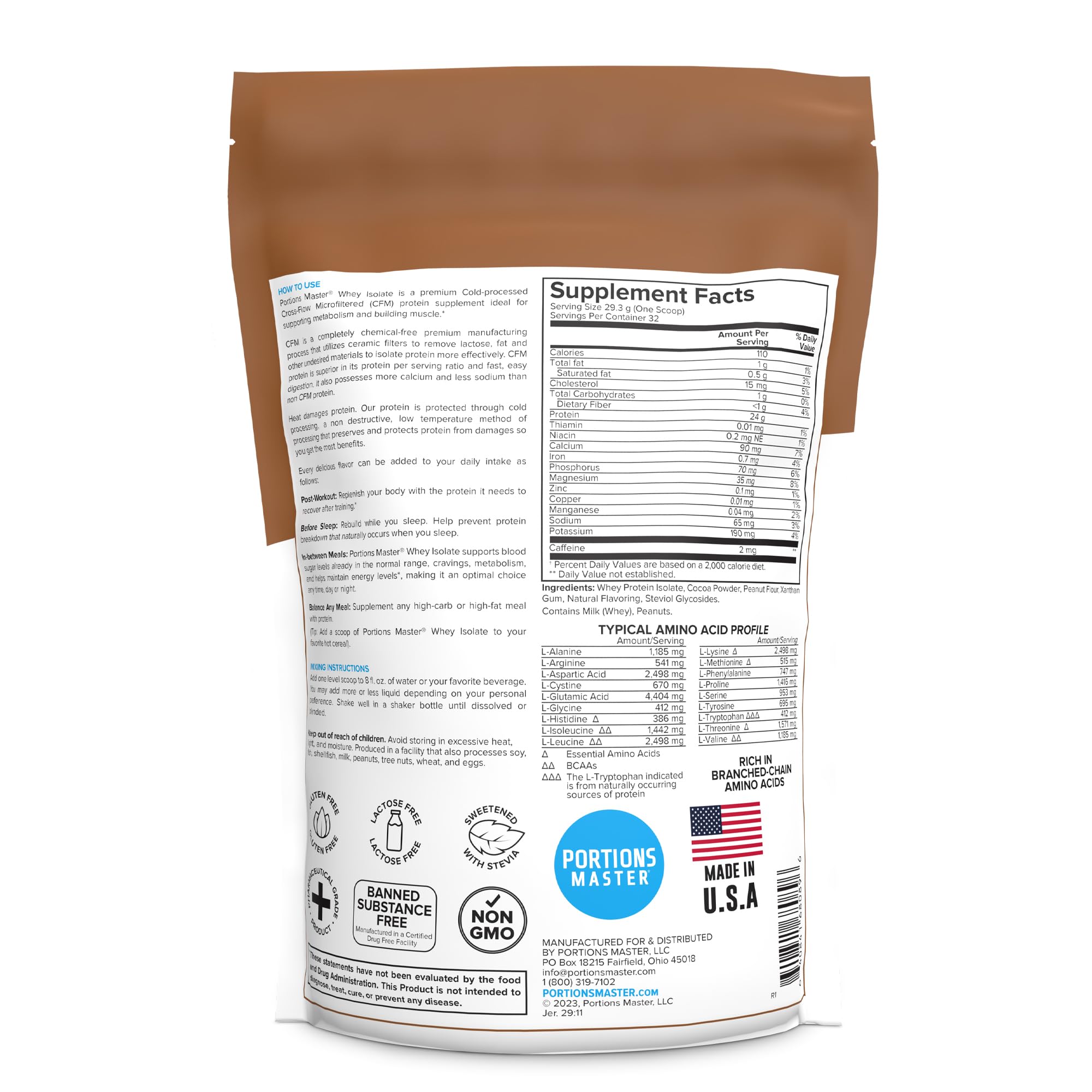 Portions Master CFM Whey Isolate Peanut Butter Cup scoop suggests lean muscle support