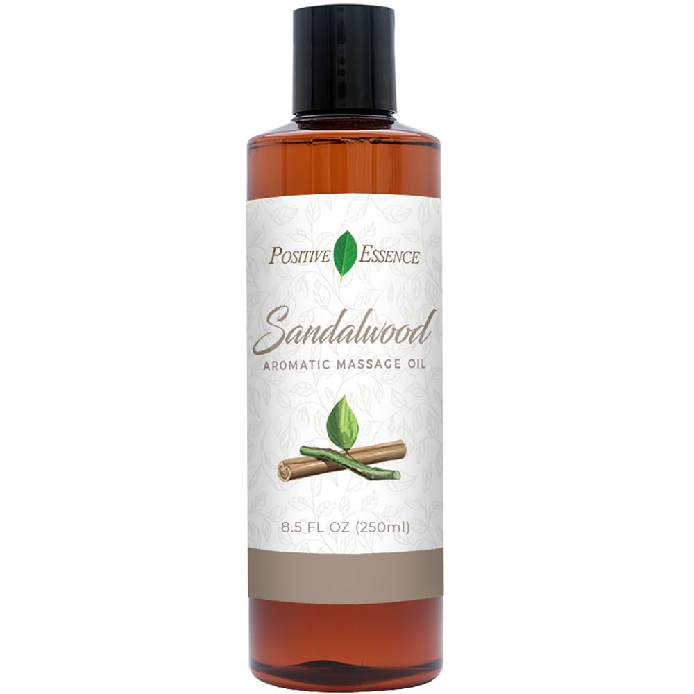Positive Essence sandalwood massage oil bottle for a smooth, relaxing glide.