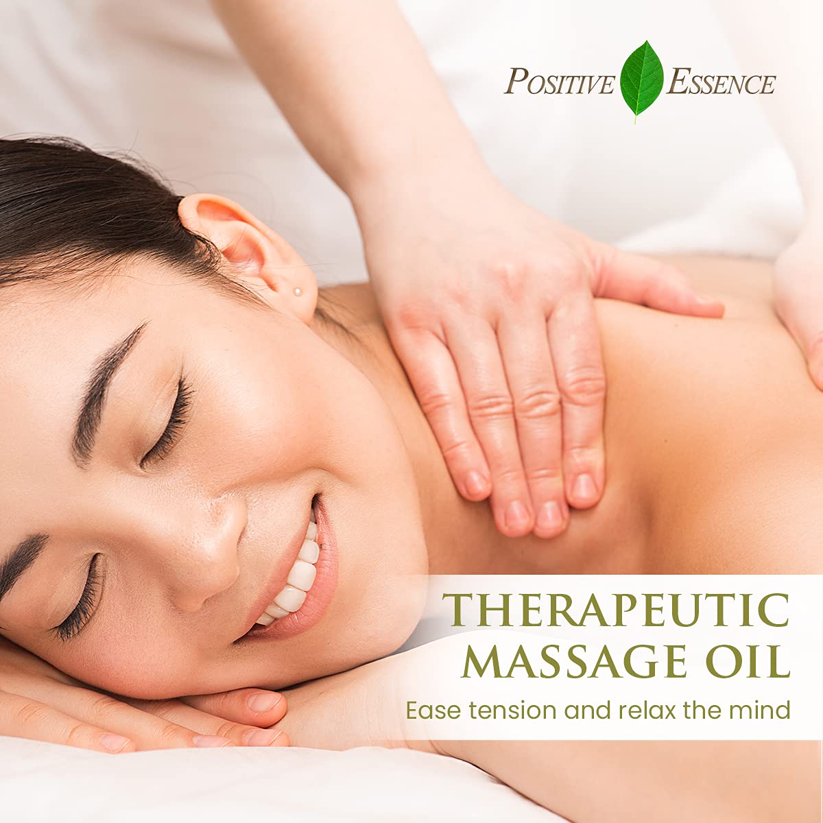 Positive Essence sandalwood massage oil in hand-application pose suggests soothing relief.