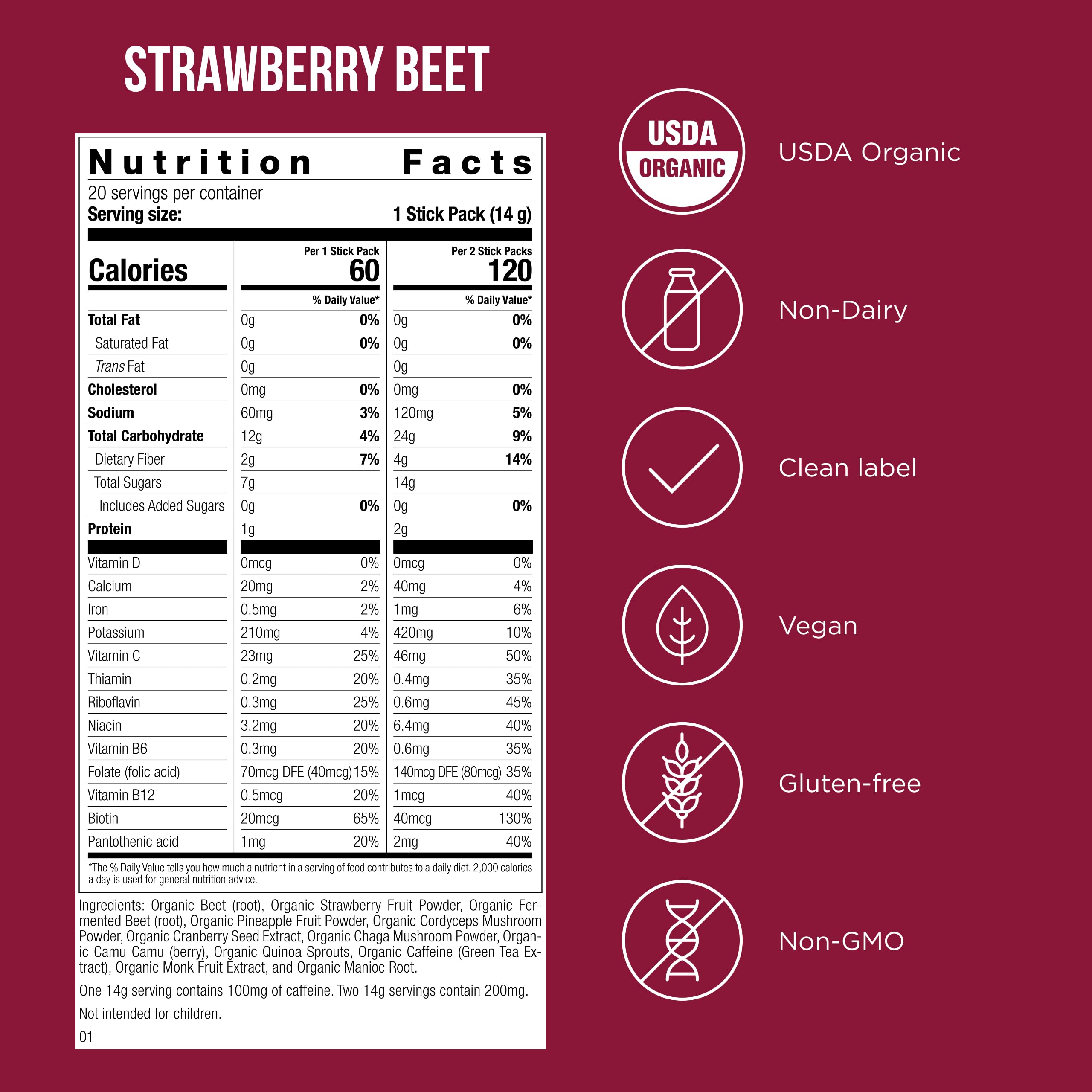 Closeup of Possible Beet Pre-Workout label highlighting organic ingredients and caffeine.