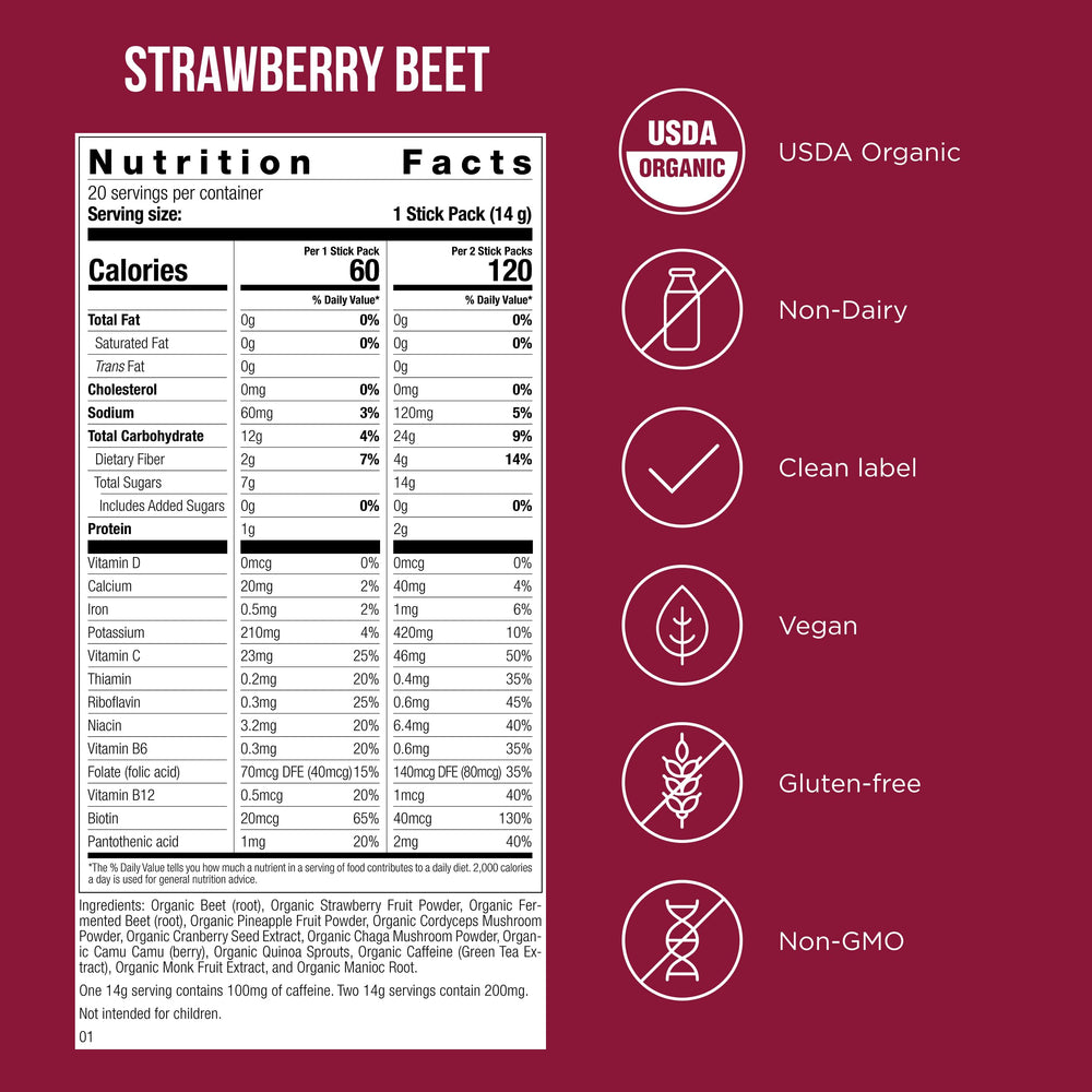 Closeup of Possible Beet Pre-Workout label highlighting organic ingredients and caffeine.