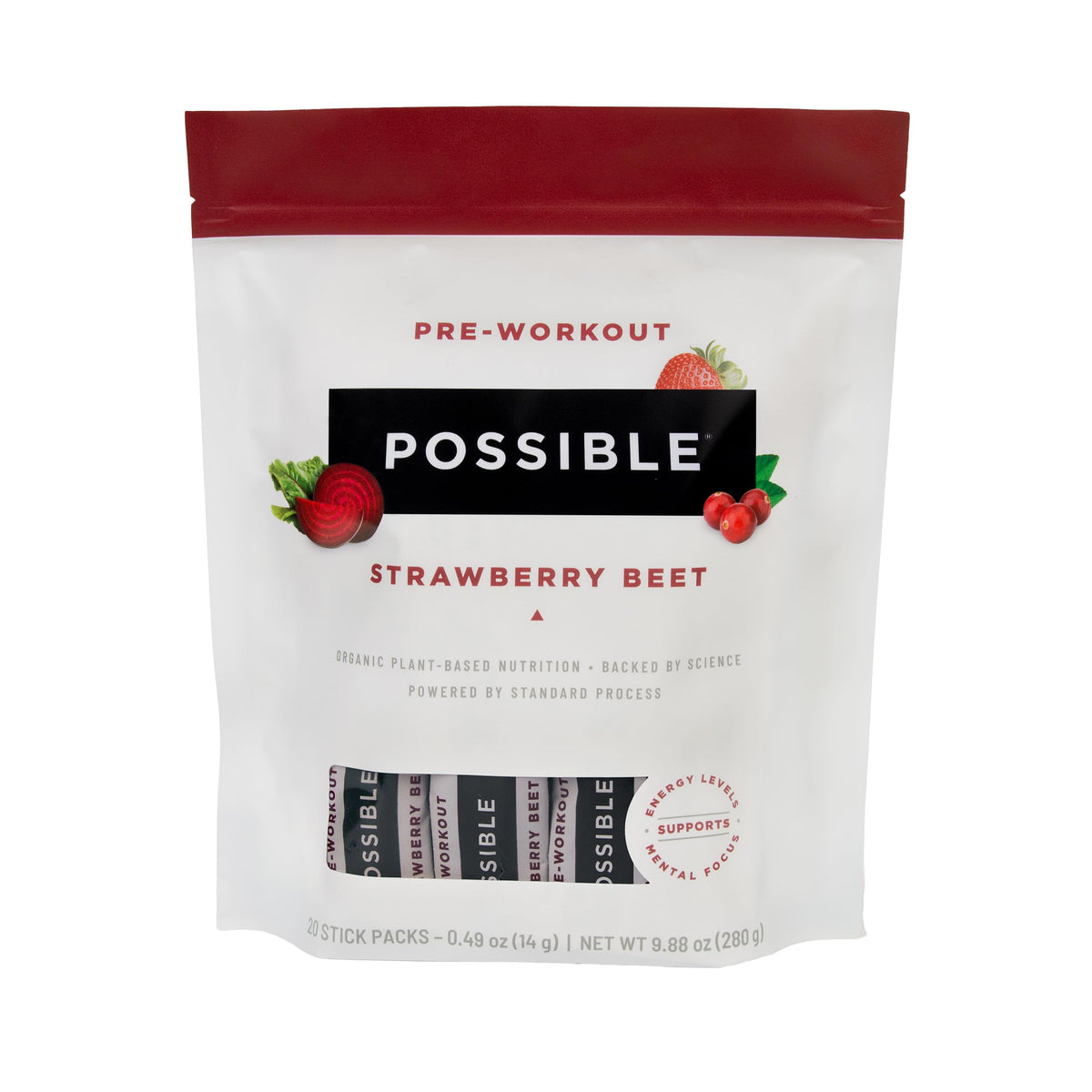 Possible Beet Pre-Workout stick pack in strawberry flavor for convenient energy boost.