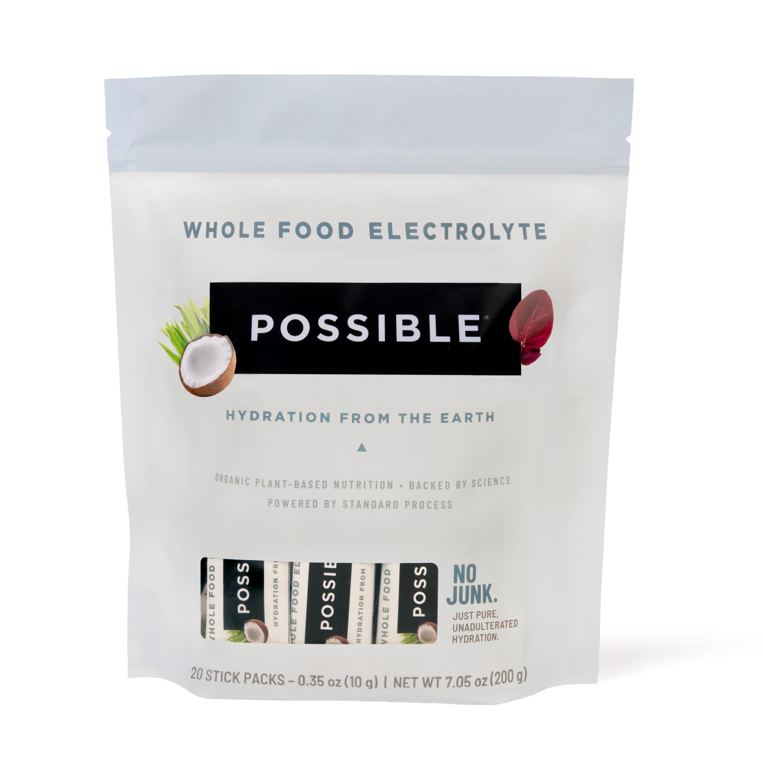 Possible electrolyte powder front label shows clean organic ingredients for hydration.