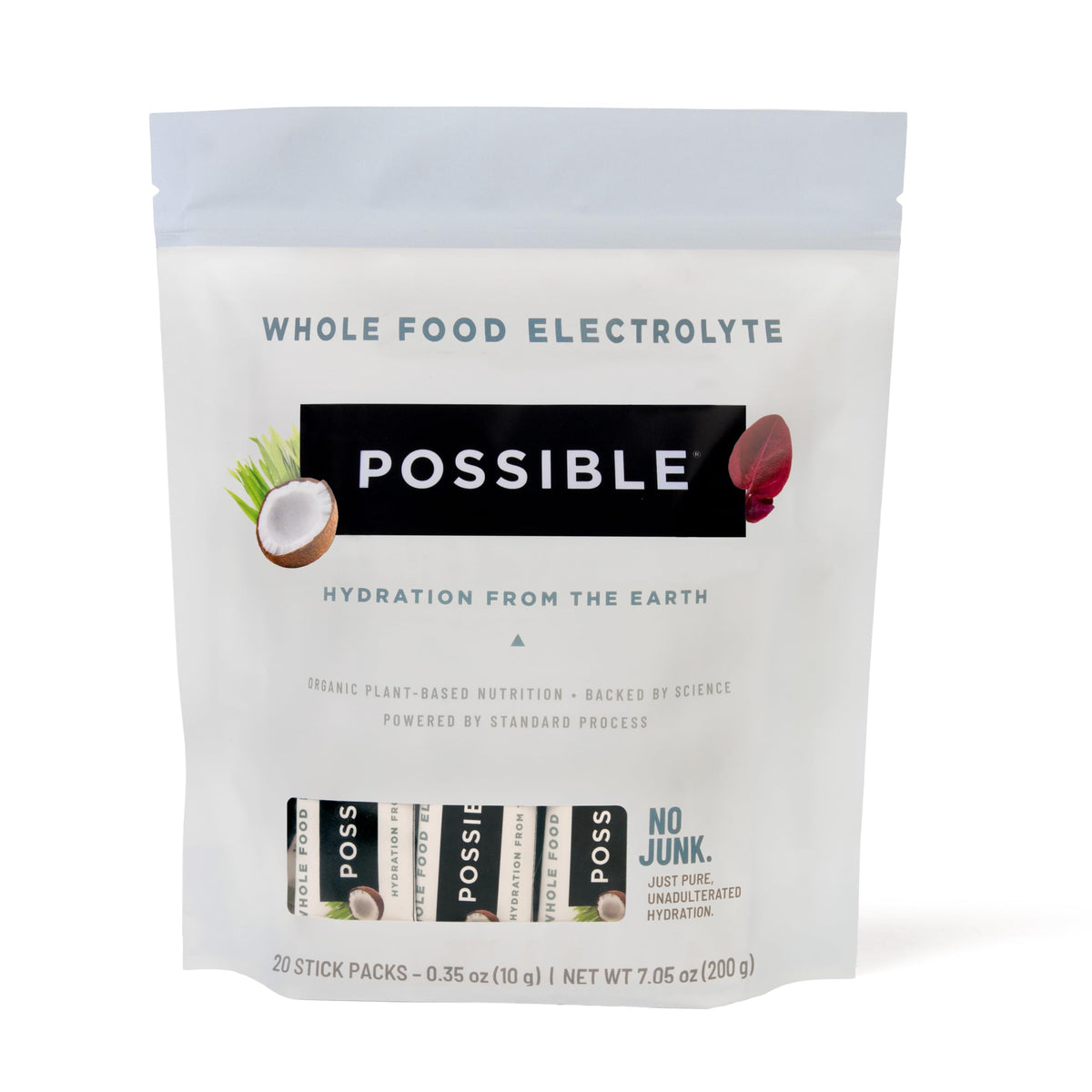 Possible electrolyte powder front label shows clean organic ingredients for hydration.