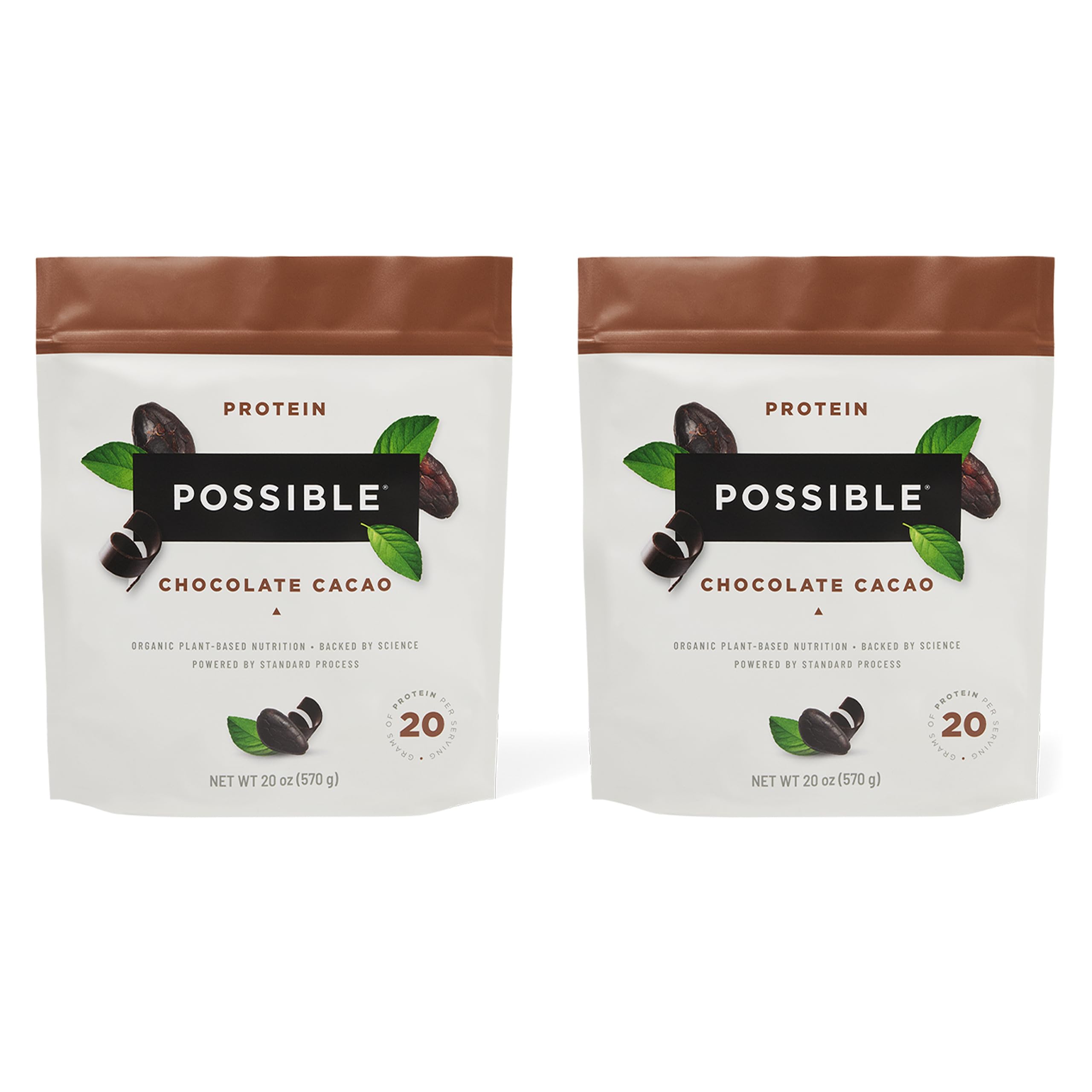 Possible protein powder chocolate cacao bag front view showing vegan protein option