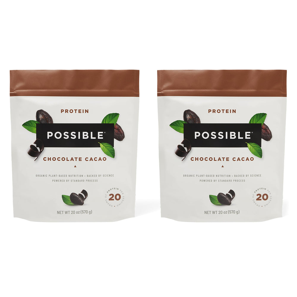 Possible protein powder chocolate cacao bag front view showing vegan protein option