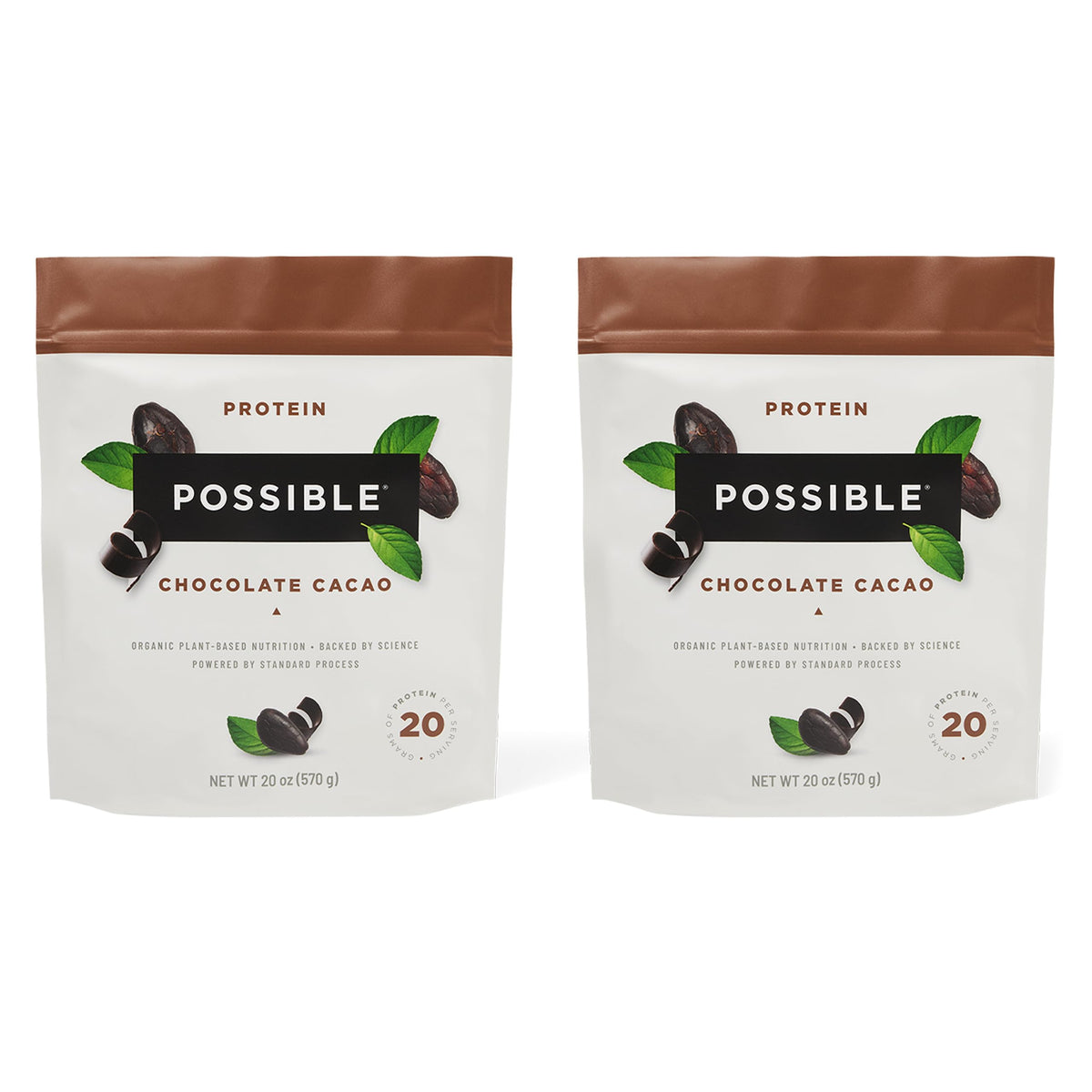 Possible protein powder chocolate cacao bag front view showing vegan protein option