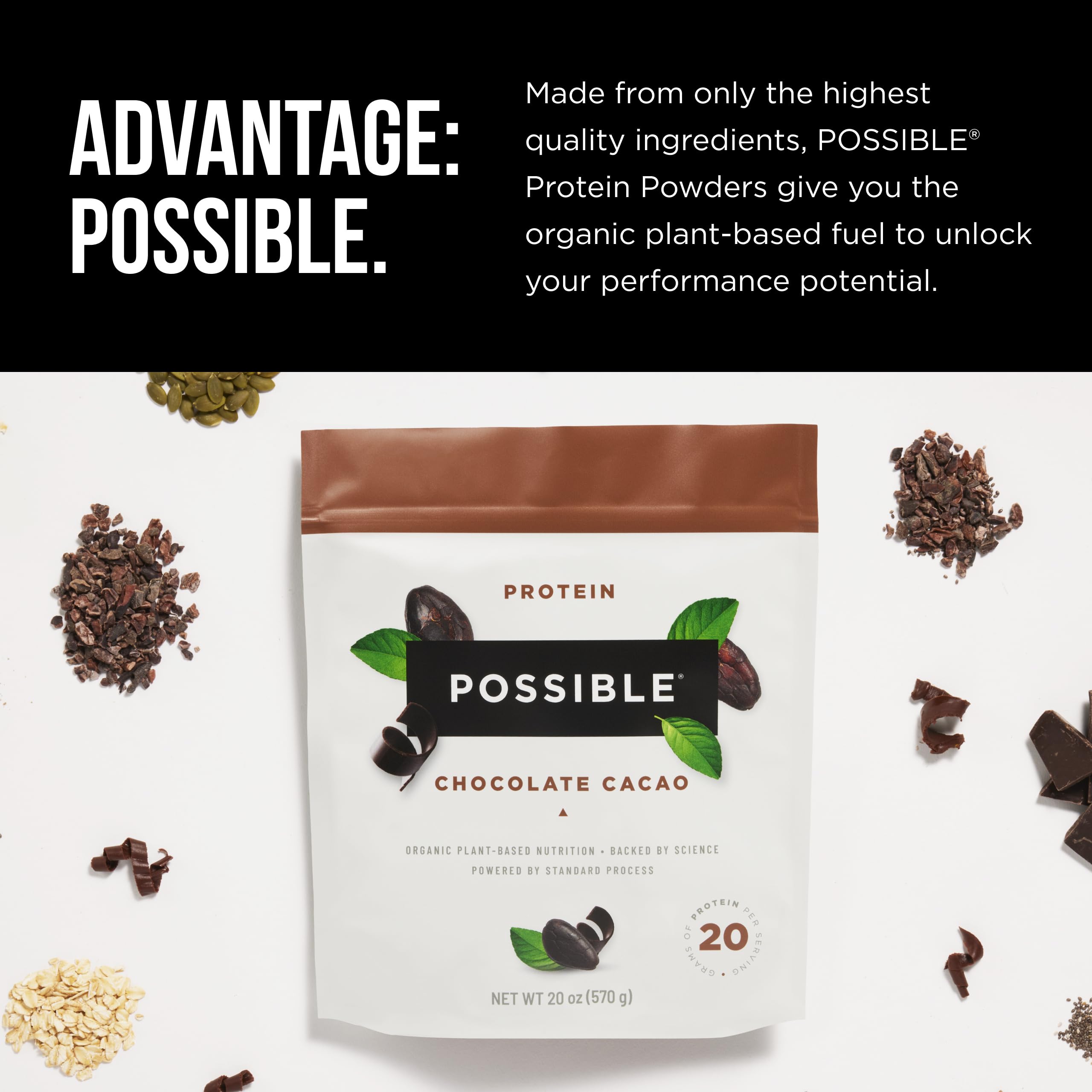 Possible protein powder chocolate cacao scoop demonstrating 20g protein per serving