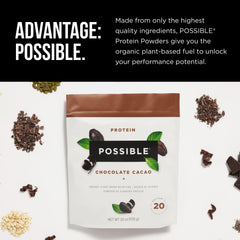 Possible protein powder chocolate cacao scoop demonstrating 20g protein per serving